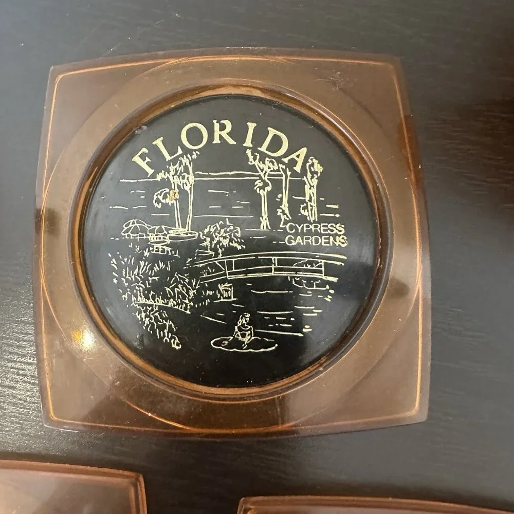Vintage‎ Amber Plastic Florida Map Souvenir Coasters Made in Hong Kong
